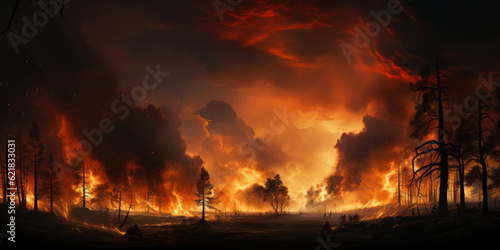 Illustration  Forest fire  wildfire landscape natural disaster background banner panorama - Burning flames with smoke development and black silhouette of forest trees and firefighters