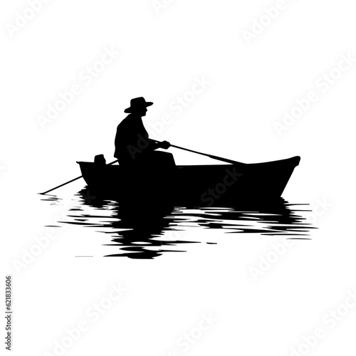 Silhouette of a fisherman, isolated on white background, vector illustration.