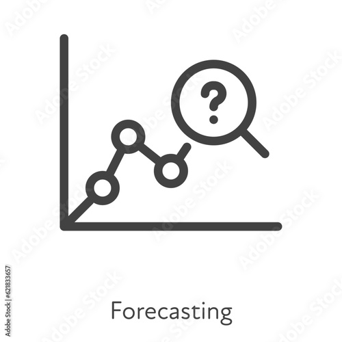 Outline style ui icons hard skill collection. Finance and business. Vector black linear icon illustration. Magnifier zoom on chart and question forecast symbol isolated on white background.