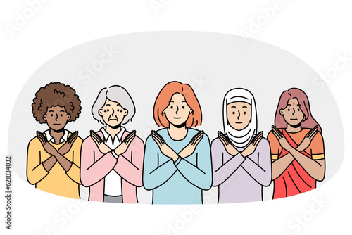 Multiracial women showing stop sign protest against gender or sex discrimination. Interracial female group gesturing braking the bias in society. Vector illustration.