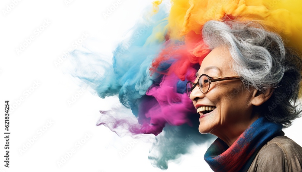 Happy old Asian woman smiling in a cloud of colorful smoke, color explosion, holi, age-positivity, against ageism, having fun, over 50, colors, party, peace, inclusive, freedom. Generative AI.