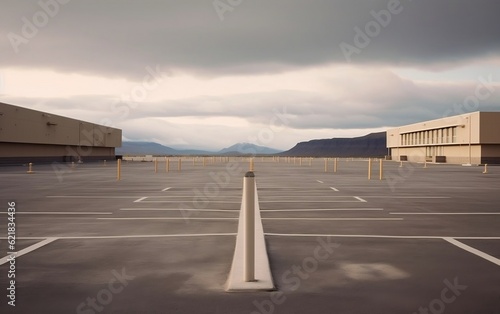 An empty parking lot with mountains in the background. AI