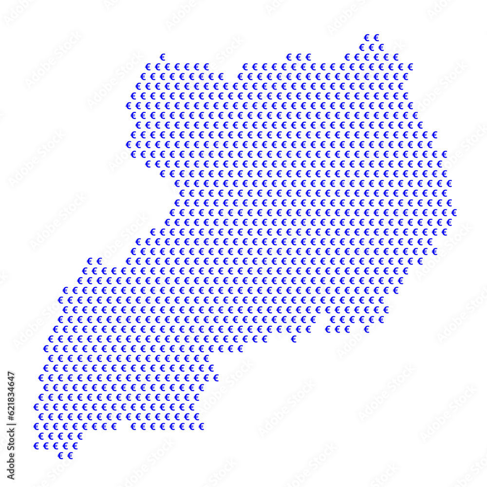 Map of the country of Uganda with blue Euro sign icons on a white background