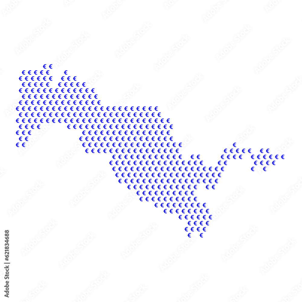 Map of the country of Uzbekistan with blue Euro sign icons on a white background