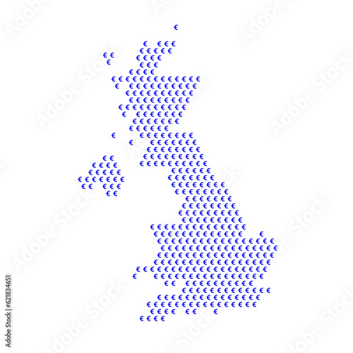 Map of the country of United Kingdom with blue Euro sign icons on a white background