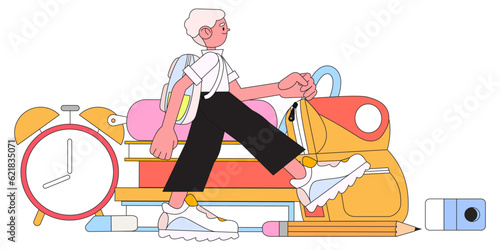 Boy going to elementary or middle school vector illustration. Happy pupil or preschooler. Child with backpack or bag and study supplies. Back to school concept for banner, web page or poster.