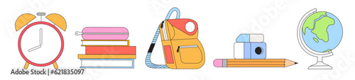 Books or textbooks with school supplies, backpack, pencil and rubber set. Concept for back to school, online learning classes and teacher for pupils announcement vector illustration isolated on white.