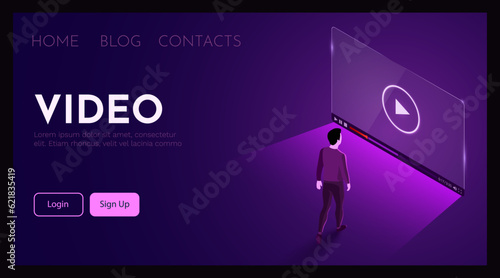 Man stands in front of video player. Online education concept.