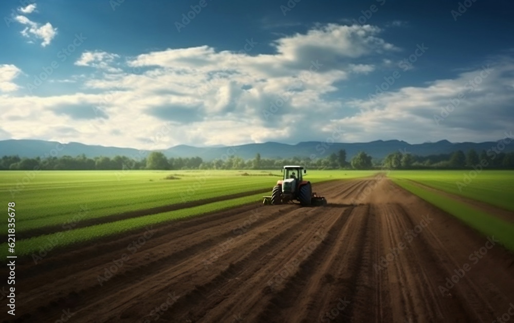 A tractor is driving through a green field. AI