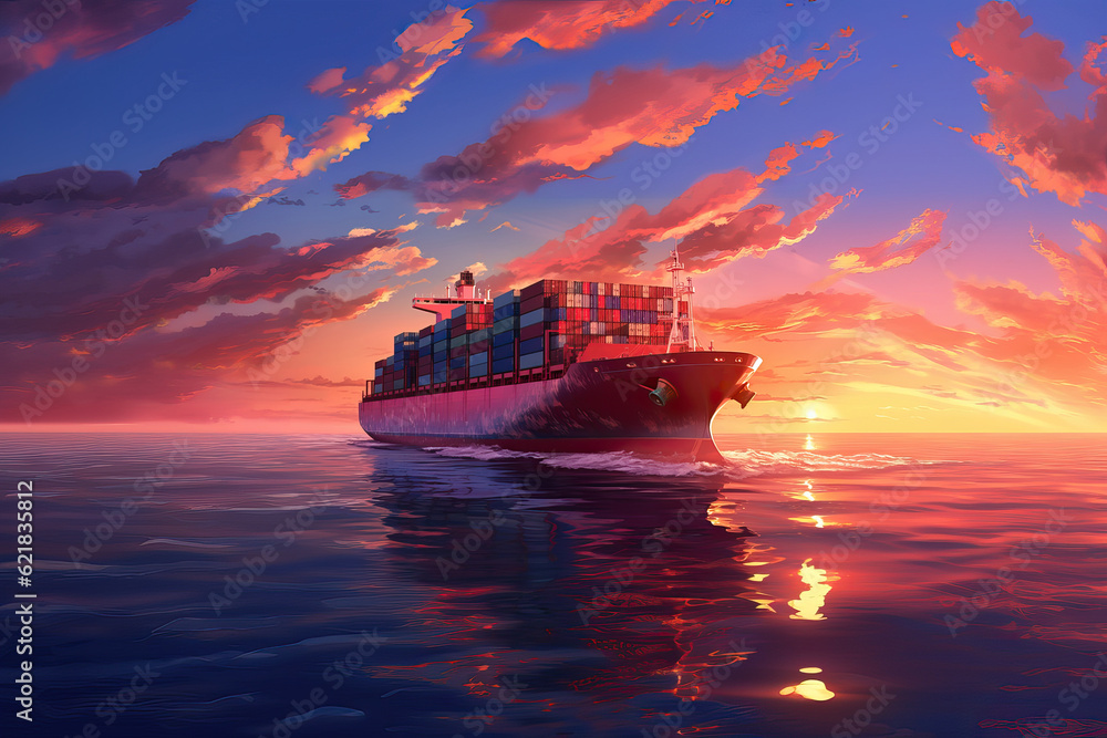 Container ship on the high seas at sunset. Transportation of goods by sea is one of the key moments of world trade and economy.