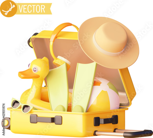Vector icon. Open suitcase packed with travel accessories. Tourist suitcase for beach vacation. Traveler bag, flippers, float, beach ball and sunglasses