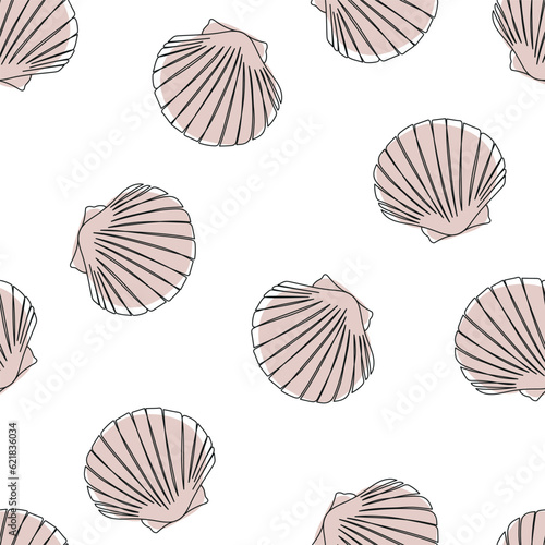Seashells seamless pattern. One line drawing of a shell. Hand drawn marine illustrations of seashells. Summer tropical ocean beach style