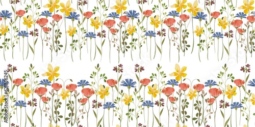 Trendy seamless botanical meadow flowers print. Floral seamless ornament of grass meadows. Botanical Aerial flora pattern with meadow herbs and medium-sized flowers, thin stems, graceful fragile