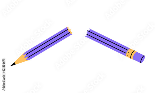 Hand drawn cute illustration of broken school pencil. Flat vector anger management in colored doodle style. Release aggression sticker, icon. Hate control. Isolated on white background.