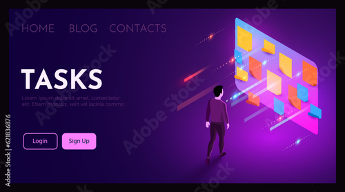 Man stands in front of task board. Business process organization concept.