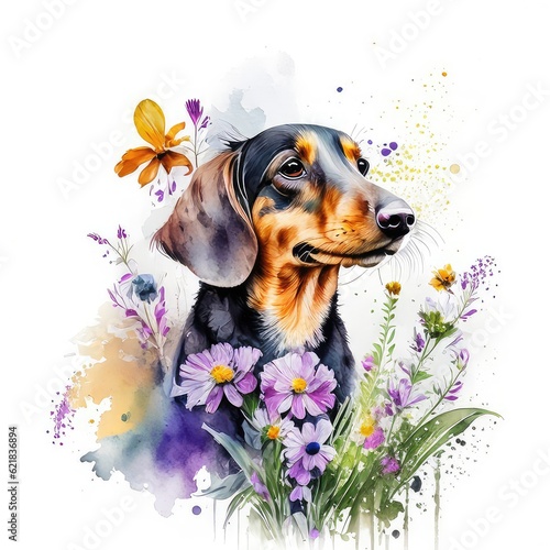 Dachshund dog and wild flowers watercolor on white background.
