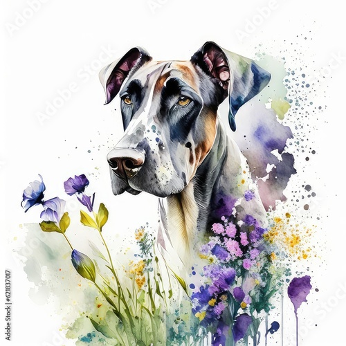 Great dane dog and wild flowers watercolor on white background.