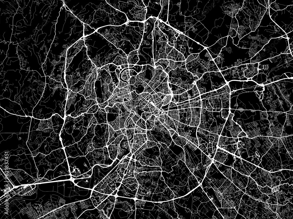 Vector road map of the city of  Roma Metropolis in the Italy with white roads on a black background.