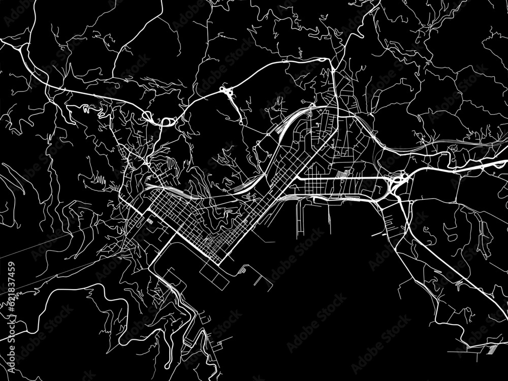 Vector road map of the city of  La Spezia in the Italy with white roads on a black background.