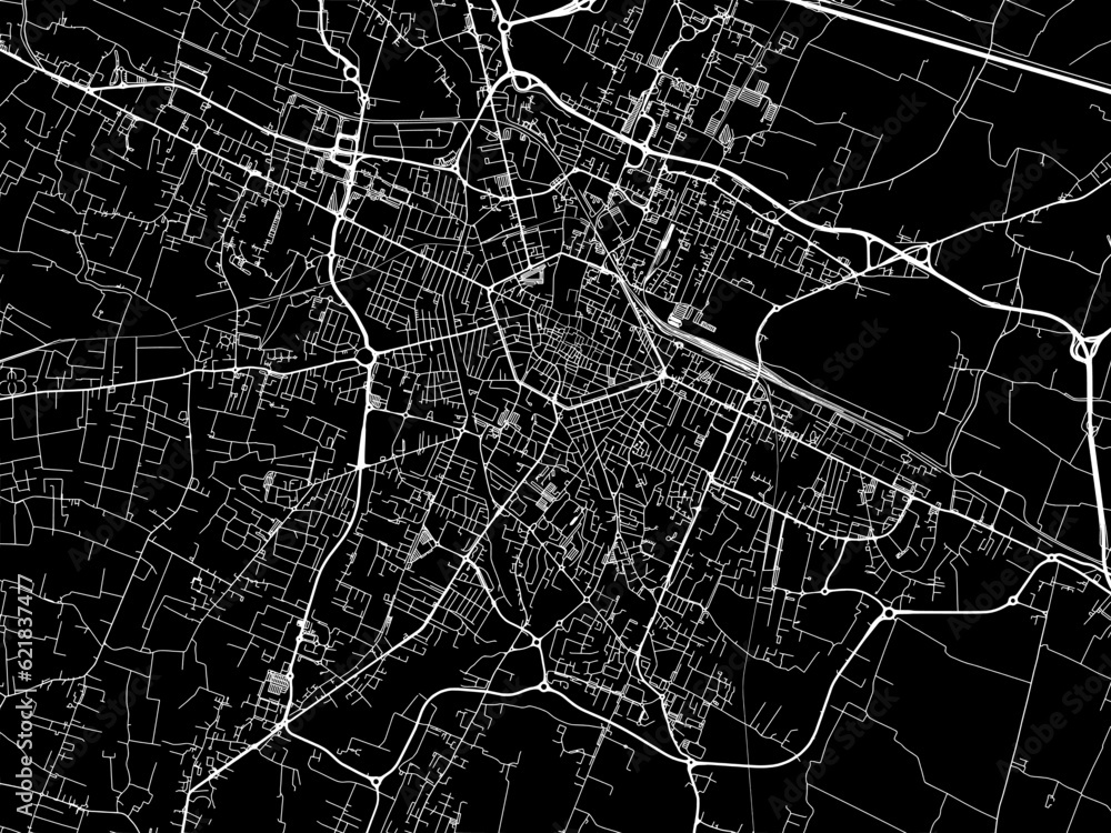 Vector road map of the city of  Reggio in the Italy with white roads on a black background.