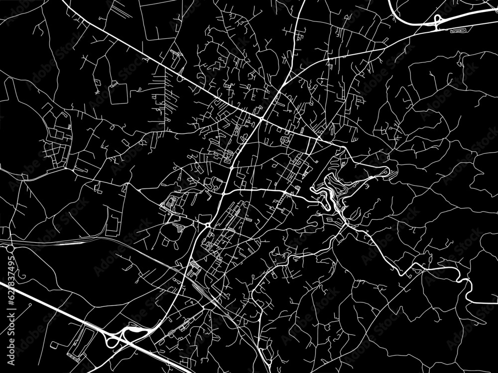 Vector road map of the city of  Frosinone in the Italy with white roads on a black background.