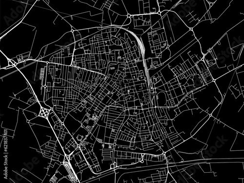 Vector road map of the city of  Ravenna in the Italy with white roads on a black background.