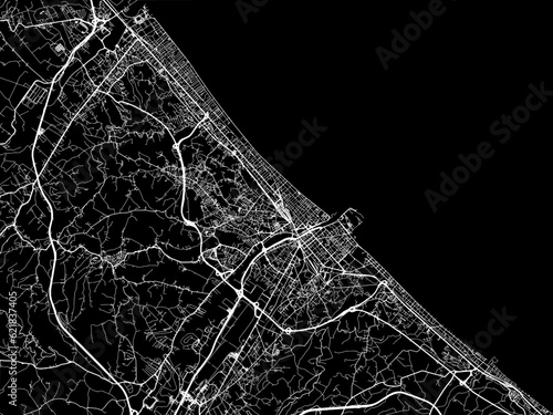 Vector road map of the city of  Pescara in the Italy with white roads on a black background.