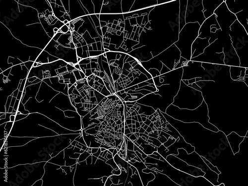 Vector road map of the city of  Viterbo in the Italy with white roads on a black background.