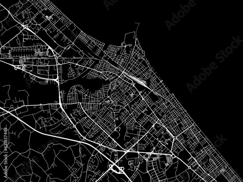 Vector road map of the city of  Rimini in the Italy with white roads on a black background.