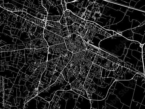 Vector road map of the city of Reggio in the Italy with white roads on a black background.