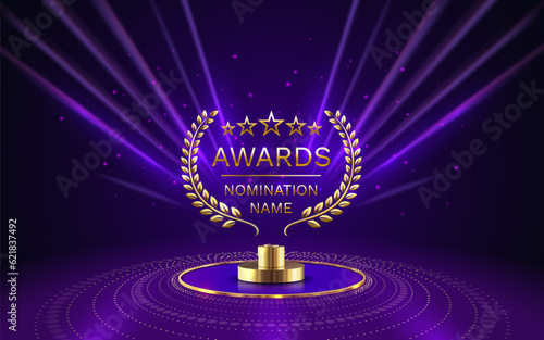 Awards nomination name podium, golden prize event, scene star ceremony. Vector