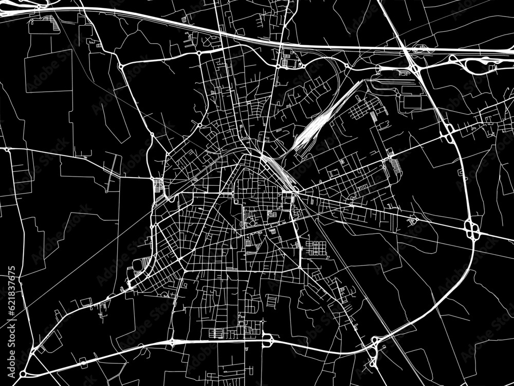Vector road map of the city of  Novara in the Italy with white roads on a black background.