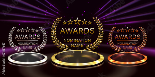 Awards nomination name podium, awards golden prize event, first place, second place, third place, scene star ceremony. Vector illustration