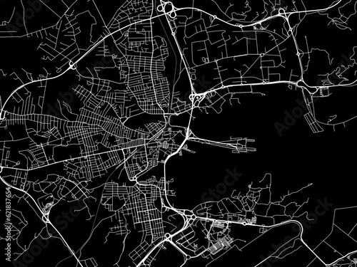 Vector road map of the city of  Olbia in the Italy with white roads on a black background.