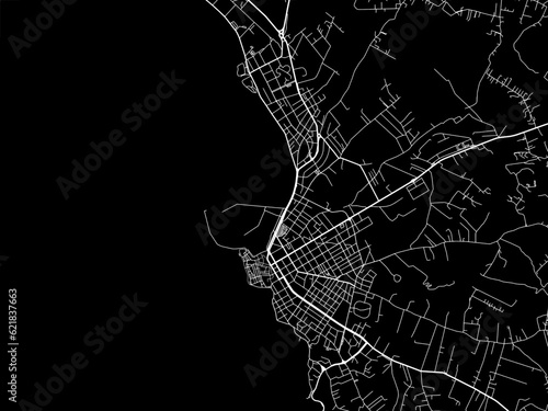 Vector road map of the city of  Alghero in the Italy with white roads on a black background.
