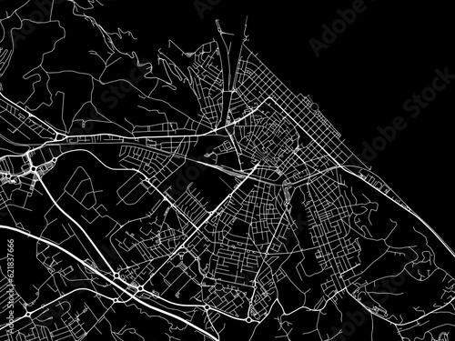 Vector road map of the city of  Pesaro in the Italy with white roads on a black background.