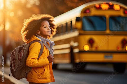 Elementary school girl at front of yellow school bus
