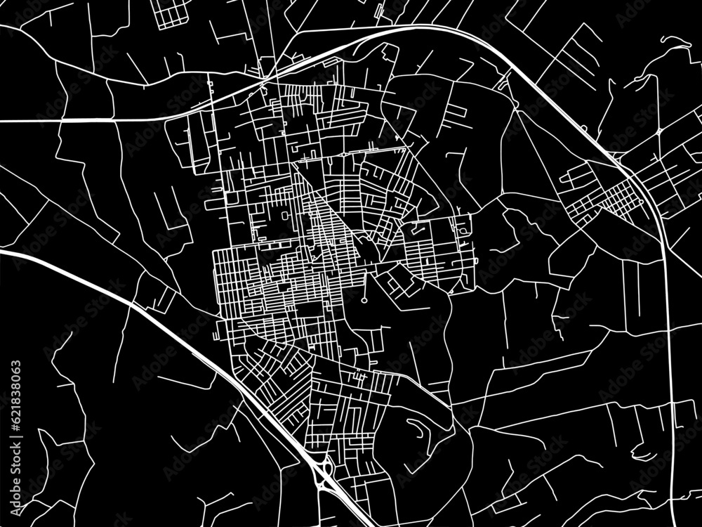 Vector road map of the city of  Bagheria in the Italy with white roads on a black background.