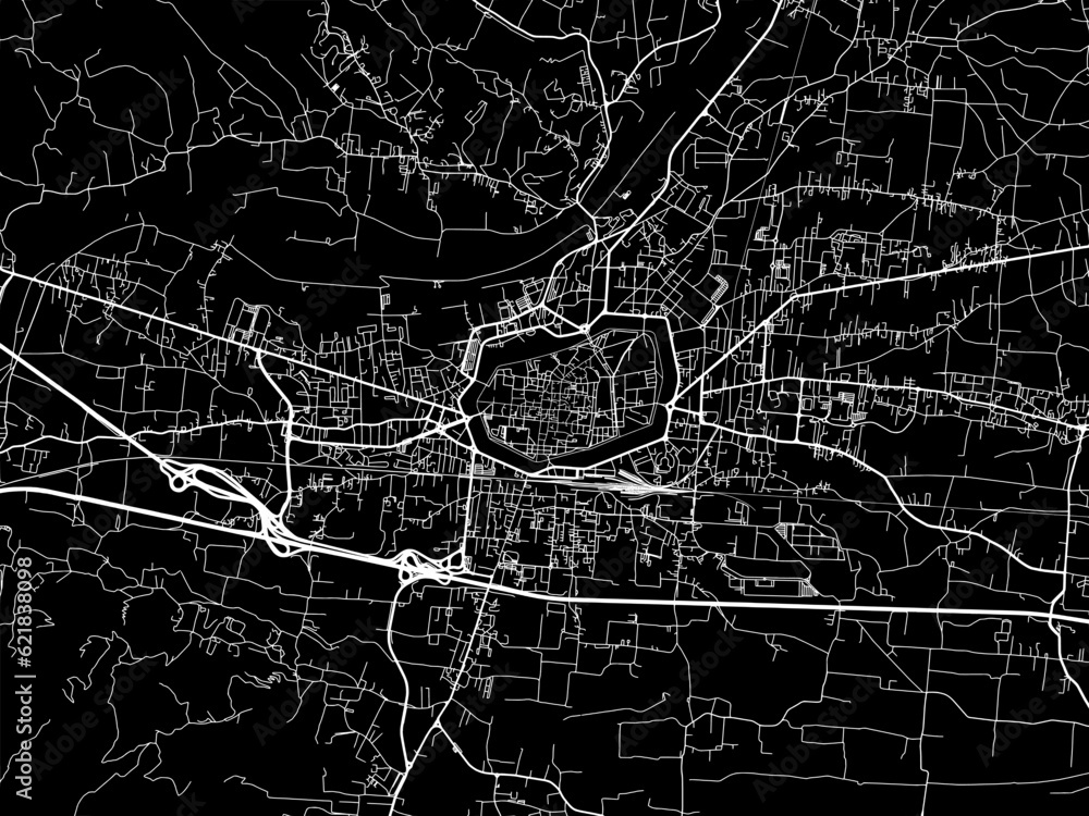 Vector road map of the city of  Lucca in the Italy with white roads on a black background.