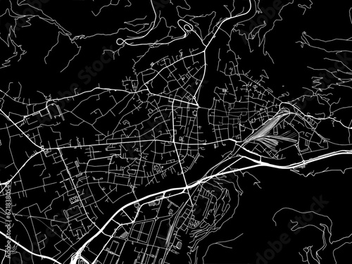 Vector road map of the city of  Bolzano in the Italy with white roads on a black background.