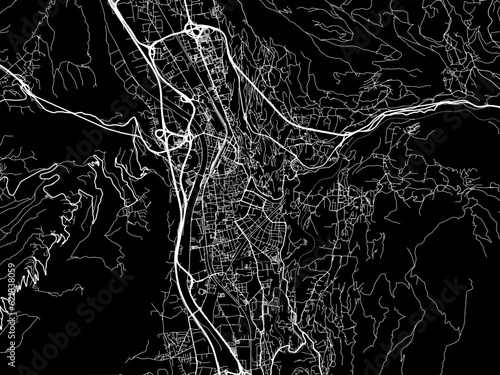 Vector road map of the city of Trento in the Italy with white roads on a black background.