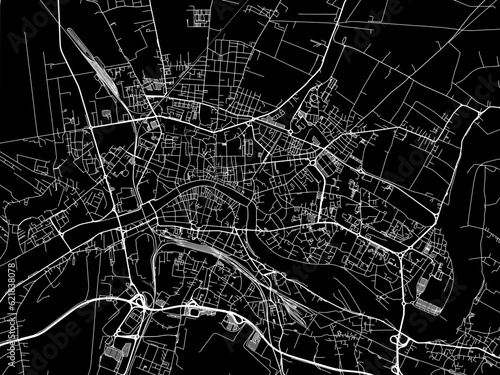 Vector road map of the city of Pisa in the Italy with white roads on a black background.