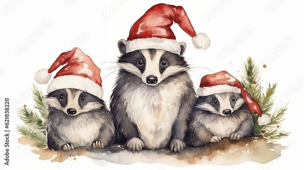 Cute badgers in the Santa's hat. Generative AI Cute badgers in the Santa's hat. Generative AI