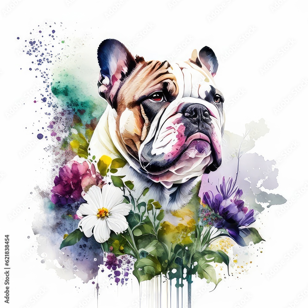 Bulldog with wild flowers watercolor on white background.