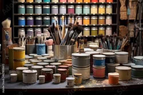 Wallpaper Mural Paint cans, brushes, and other accessories in a paint shop, creating an inviting and organized shopping environment. Generative Ai Torontodigital.ca