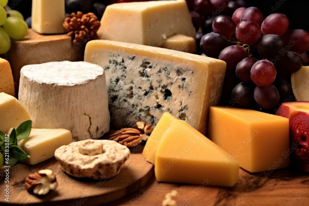A close-up image highlighting a selection of artisanal cheeses, with various textures, colors, and shapes, conveying a sense of craftsmanship and quality. Generative Ai A close-up image highlighting a selection of artisanal cheeses, with various textures, colors, and shapes, conveying a sense of craftsmanship and quality. Generative Ai