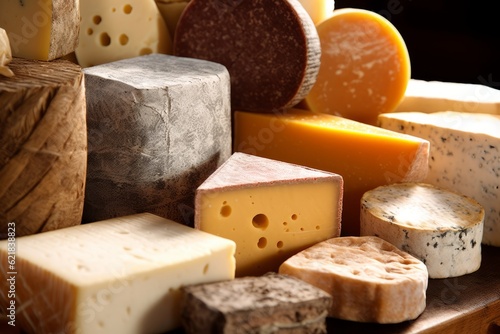 A close-up image highlighting a selection of artisanal cheeses, with various textures, colors, and shapes, conveying a sense of craftsmanship and quality. Generative Ai