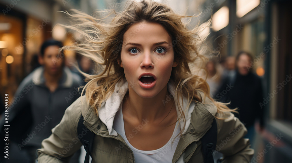 Woman running in panic. Generative Ai Woman running in panic. Generative Ai