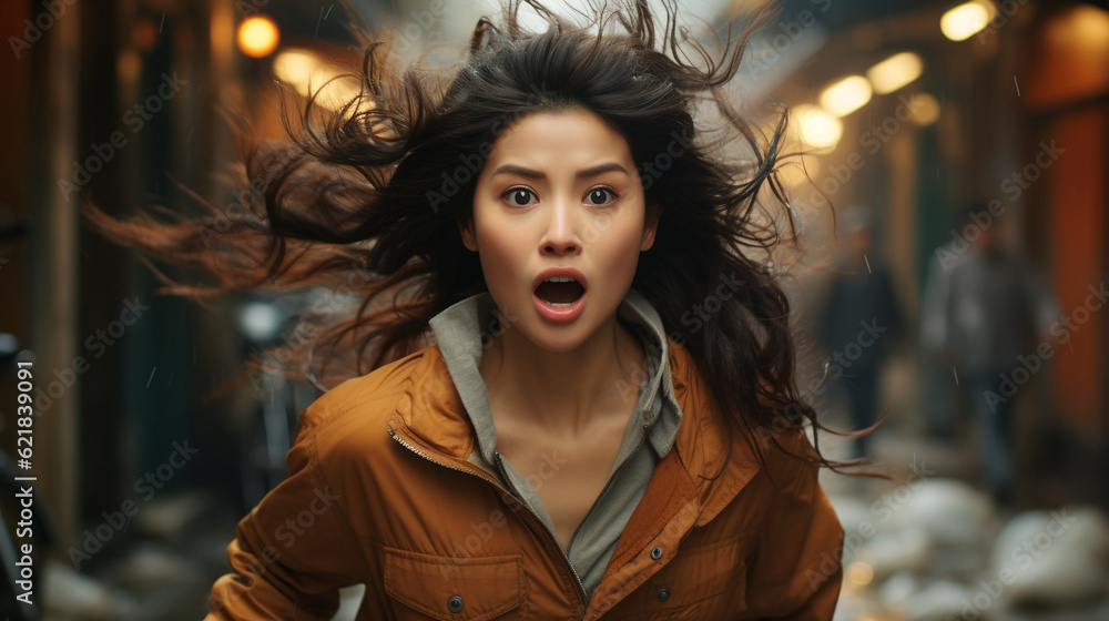Woman running in panic. Generative Ai Woman running in panic. Generative Ai