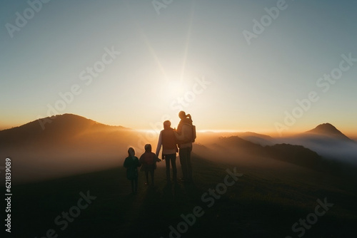 family above the clouds sunset silhouette 